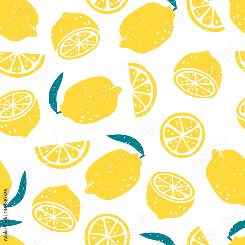 Bright colorful lemons vector seamless pattern on white background.