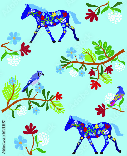 Summer graphics with tropical leaves  horse  bird and colorful flowers. Spring summer collection. Flat graphic. Seamless pattern