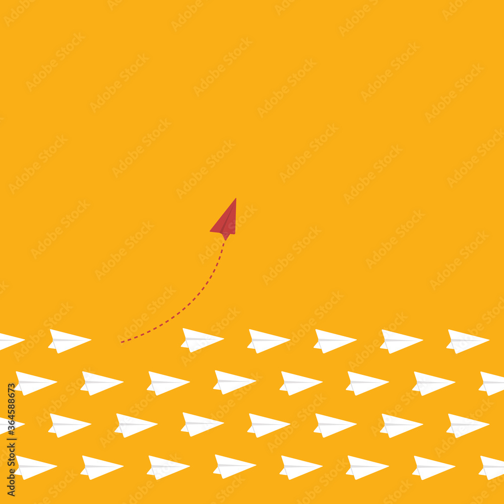 Think different. Think differently concept. Red airplane changing direction. New idea, change, trend, courage, creative solution, innovation and unique way concept. Think different. Think differently concept. Red airplane changing direction. New idea, change, trend, courage, creative solution, innovation and unique way concept.