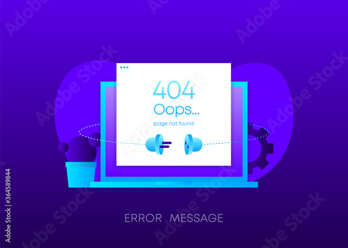 Error message concept on dark gradient background. Laptop with envelope, open window with 404 error and page not found on screen. Vector.