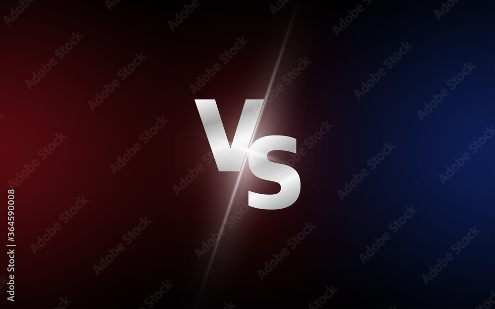Versus VS letters fight dark red and blue backgrounds in realistic style design with halftone, lightning. Vector.