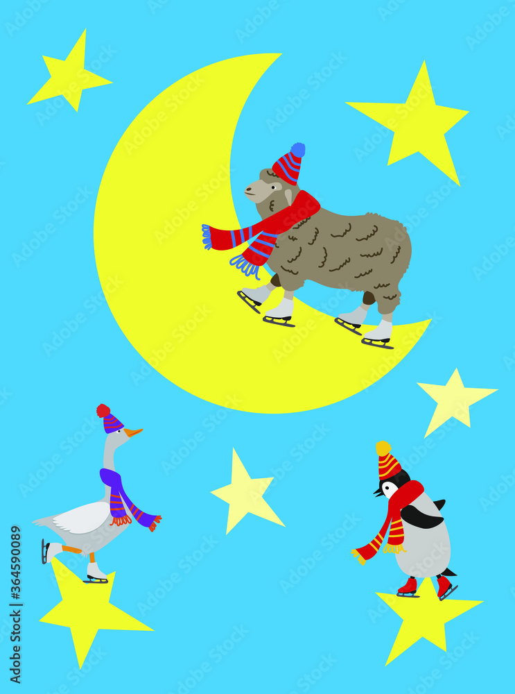 Vector illustration of  penguin, goose and sheep in hat and scarf and skates on the moon and stars background. Winter christmas greeting card. Flat graphic