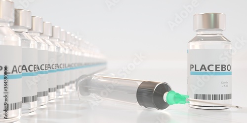 Vials with placebo medicine and syringe. 3D rendering photo