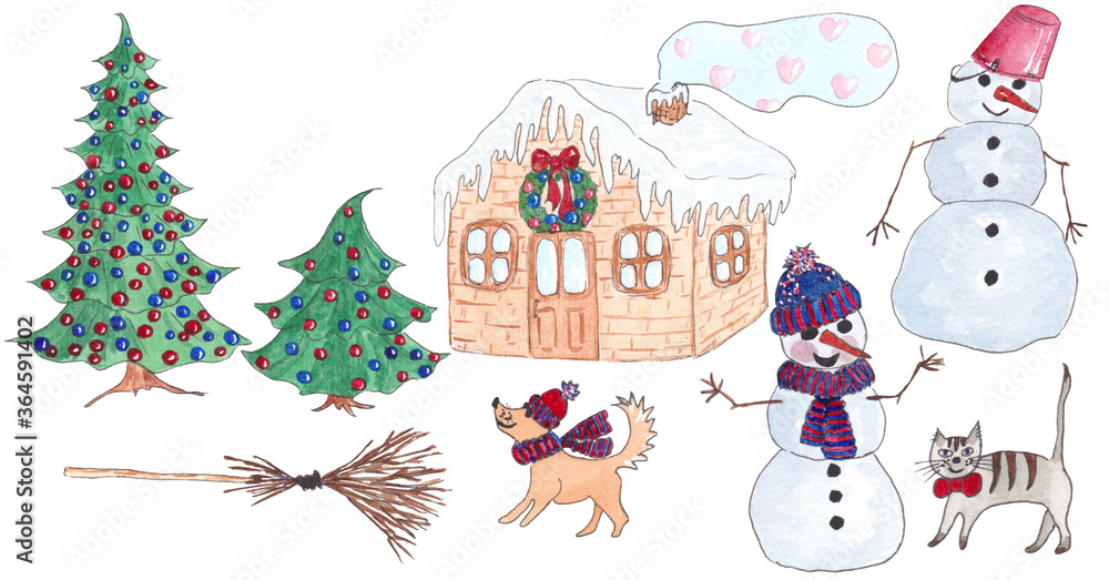 Obraz Watercolor hand drawing Christmas illustration. Snowman cat and dog , broom, christmas pine tree image.