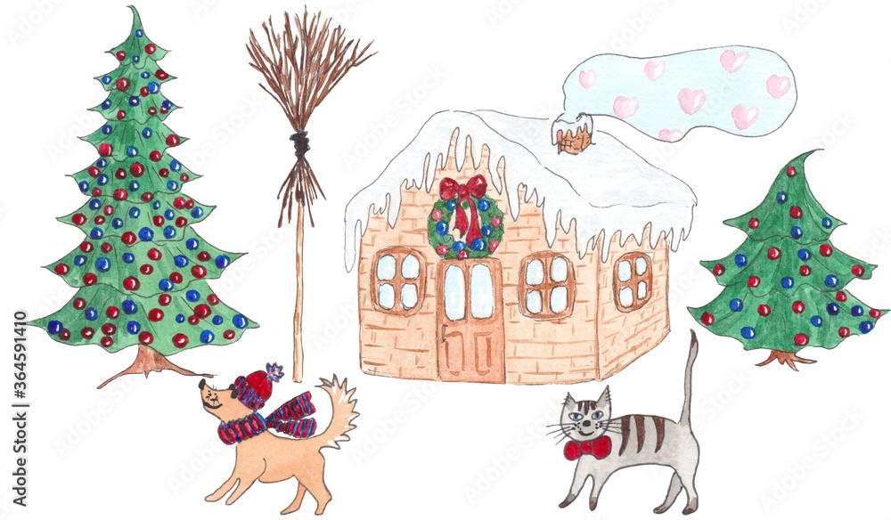 Watercolor hand drawing Christmas illustration.Pine christmas tree cottage dog and cat images.
