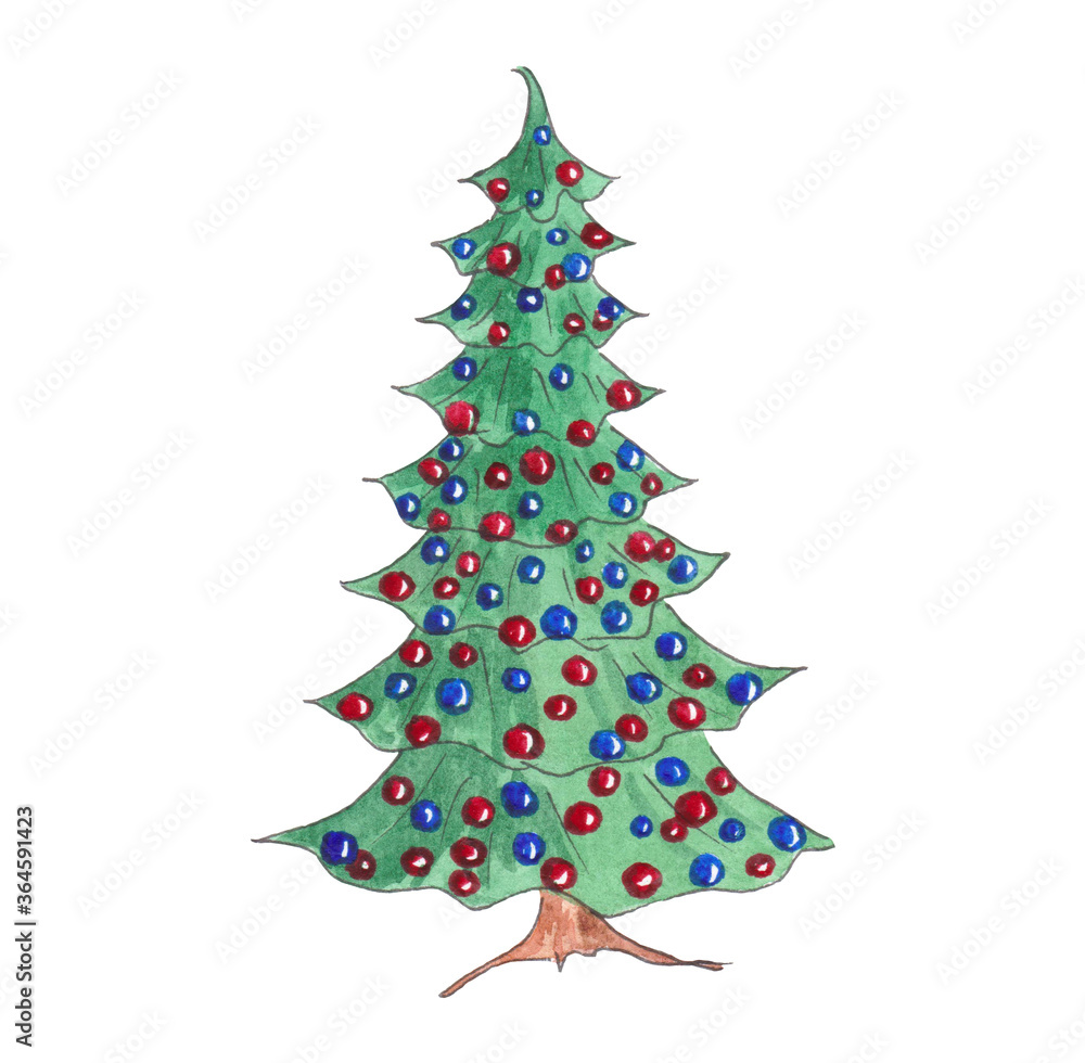 Watercolor hand drawing Christmas illustration. TDacorated Christmas pine tree image. green, blue, red pine tree  image