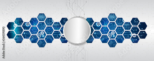 Abstract wide technology background with hexagons and gear wheels. Hi-tech circuit board vector illustration.