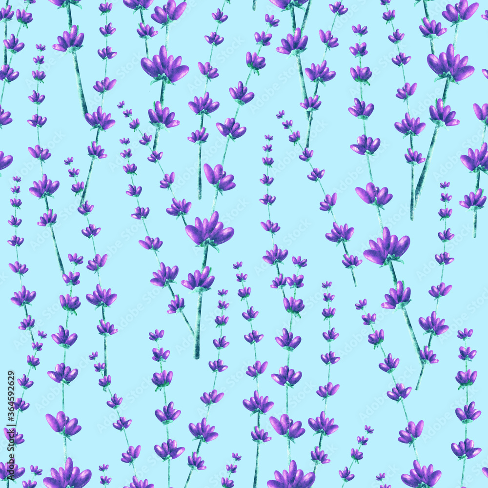 seamless pattern with lavender flowers on light blue background