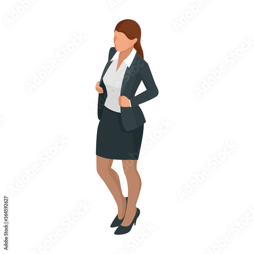 Isometric business woman isolated on write. Creating an office worker character, cartoon people. Business people.