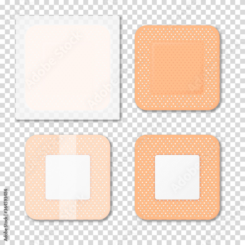 Vector 3d Realistic Medical Patch Icon Set Closeup Isolated on Transparent Background. Design Template Adhesive Bandage Elastic Medical Plasters. Front and Back Side View