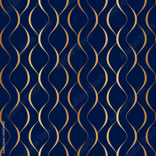 Seamless pattern gold wavy line. Golden stripes twist on blue background. Abstract texture foil. Elegant waves curl. Delicate curved swirl. Design gift wrapper, interior, covers, cases, prints. Vector