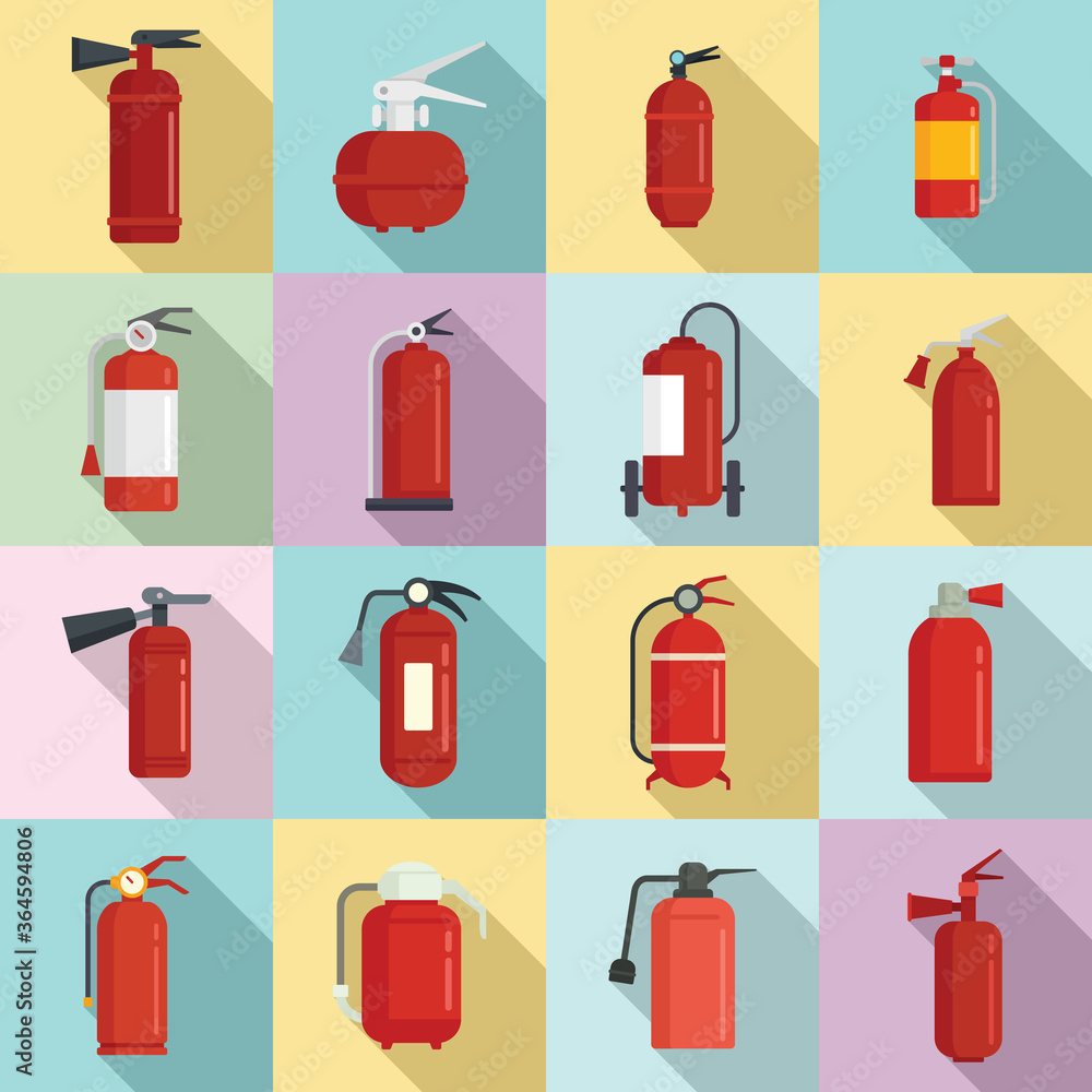 Fire extinguisher icons set. Flat set of fire extinguisher vector icons for web design Fire extinguisher icons set. Flat set of fire extinguisher vector icons for web design