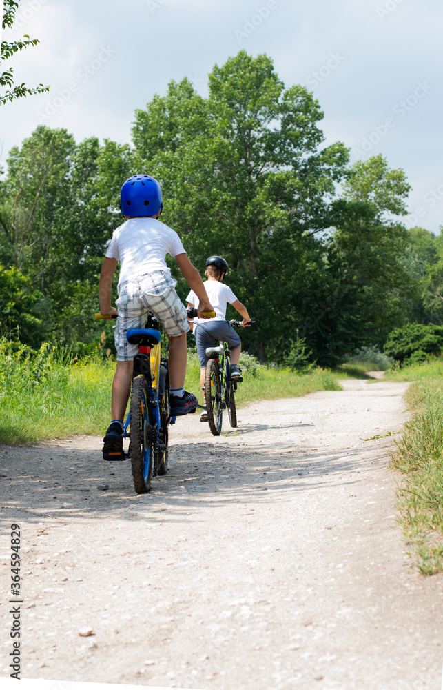 Two brothers ride bicycles along a forest road.