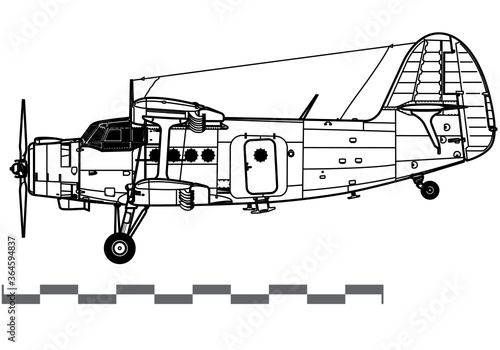 Antonov An-2 Colt. Vector drawing of military transport and utility aircraft. Side view. Image for illustration and infographics.