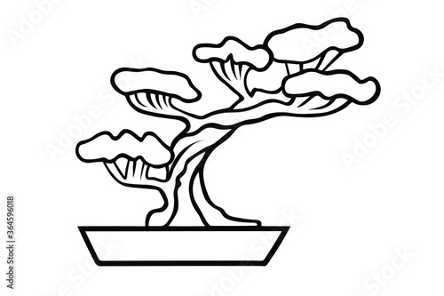 Japanese traditional symbol bonsai in ink Isolated on white background. Hand drawn vector decorative element for decoration, postcard, flyer, banner or website