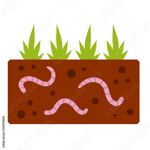 Worms under the ground. Insects in soil. Brown earth with small pink animals. Fishing bait. Green grass. Flat cartoon illustration. The biosphere and nature