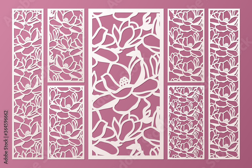 Laser and die cut ornamental panels template set with pattern of magnolia flowers. Cabinet fretwork panel. Lasercut metal panel. Wood carving.