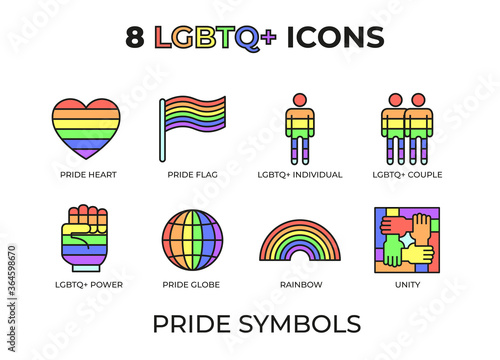Set of 8 LGBTQ+ pride icons and symbols. Vector illustrations of LGBTQ+ Power, Pride heart, Pride flag, LGBTQ+ Person, Couple, Pride Globe, Rainbow, and LGBTQ+ Unity.