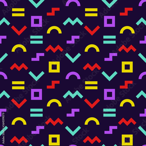Memphis style seamless pattern. Colorful geometric shapes background with dark backdrop. Vector illustration. Wrapping paper texture. Abstract cover design. Pattern template in swatches panel.