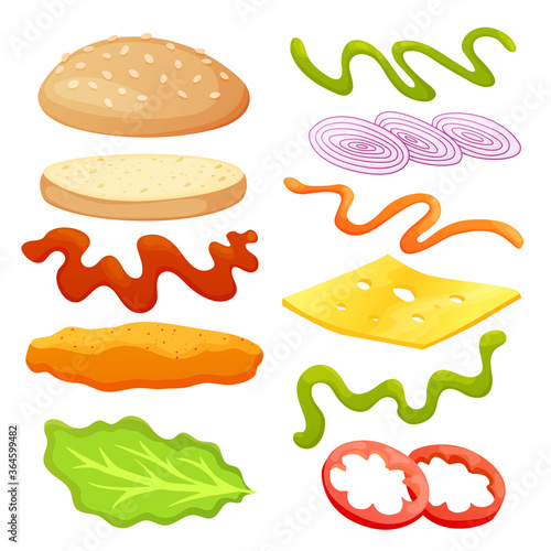 Burger ingredients diy collection. Set of isolated ingredients for build your own burger and sandwich. Sliced vegetables, sauces, bun and cutlet for burger. Vector burger maker