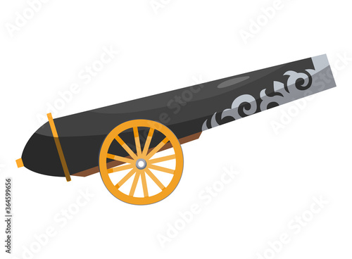 Antique pirate cannon. Vintage gun. Color image of medieval cannon for old ships on a white background. Cartoon style