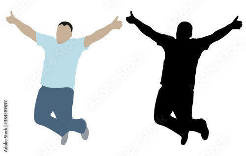 Cheerful jumping man with hands up, color and black silhouette. Vector illustration