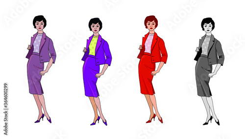 Stylish fashion dressed girls (1950's 1960's style): Retro fashion party. vintage fashion silhouettes from 60s.