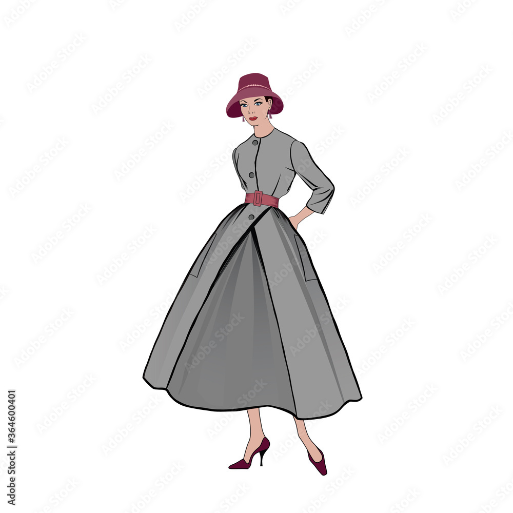 Retro fashion dressed woman (1950's 1960's style): Stylish young lady in vintage clothes. Autumn Fashion party silhouettes from 60s.