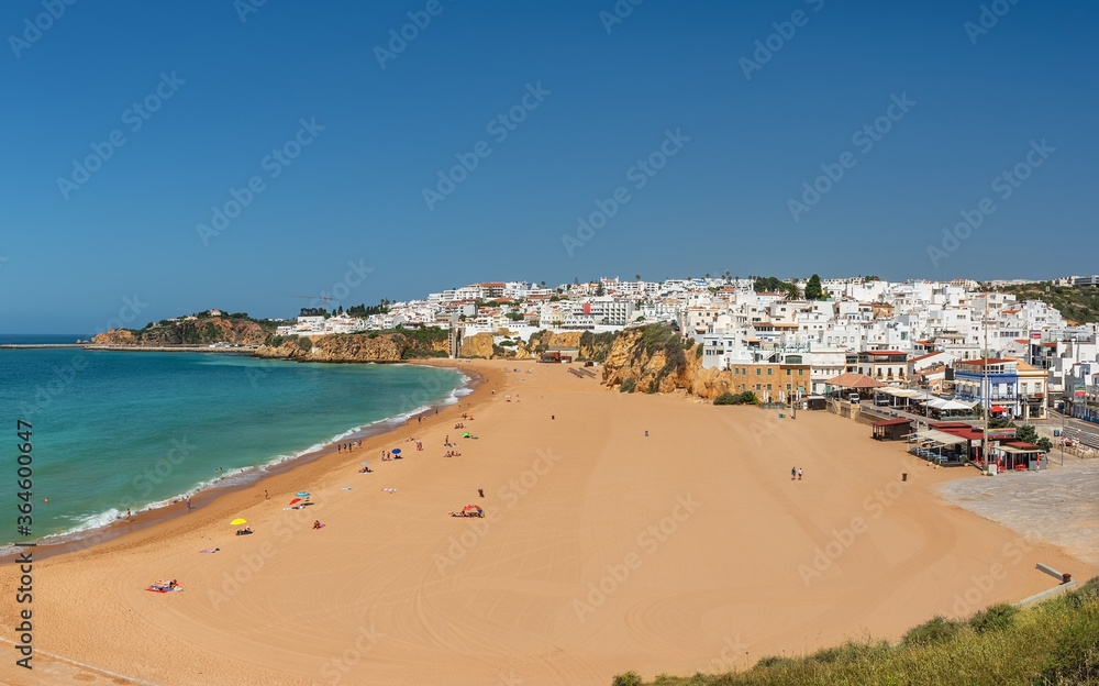 Aerial panorama of Albufeira, Algarve, Portugal. Beautiful view of the sea landscape with the beach, ocean. 