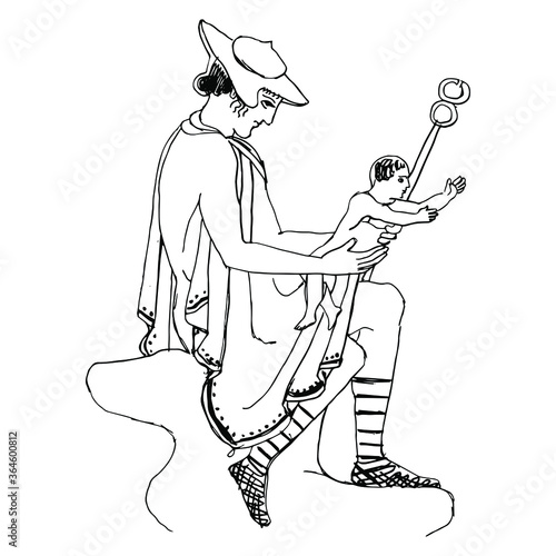 Ancient Greek god Hermes holding baby Dionysus. Hand drawn linear sketch. Black and white silhouette. Isolated vector illustration.