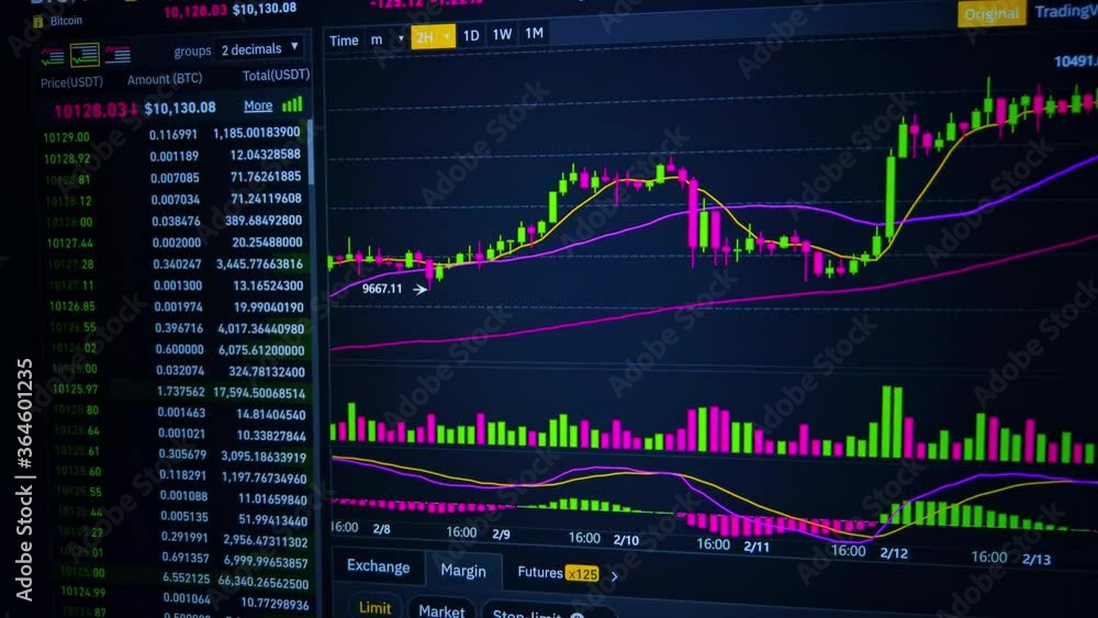 Bitcoin and crypto trading time lapse screen pan. Stock trading and monetary business investment. Bitcoin and crypto trading time lapse screen pan. Stock trading and monetary business investment.