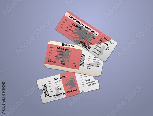 Modern design of Albania airline, bus and train travel boarding pass. Three tickets of Albania painted in flag color. Vector illustration isolated