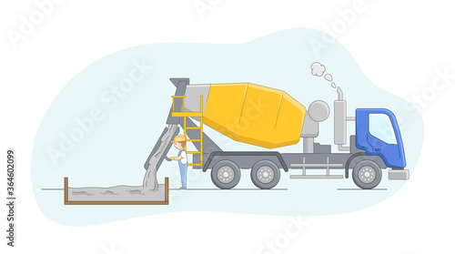 Construction Concept. Concrete Mixer Driver At Work. Worker Controls Concreting Process. Construction Machinery Operator Jobs. Male Character At Work. Cartoon Linear Outline Flat Vector Illustration