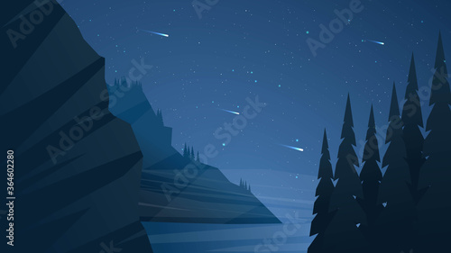 Vector illustration. Background with copy space. Minimalist landscape. Dark  night scene. Beautiful clear sky with fallen stars. Polygonal style. Rock and trees. Natural concept wallpapers. Backdrop