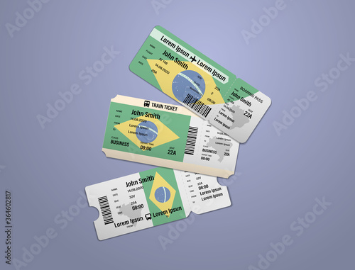 Modern design of Brazil airline, bus and train travel boarding pass. Three tickets of Brazil painted in flag color. Vector illustration isolated