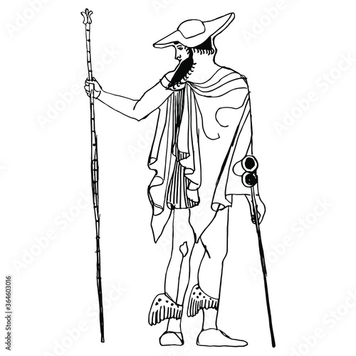 Standing ancient Greek god Hermes with caduceus and wand. Hand drawn linear sketch. Black and white silhouette. Isolated vector illustration.