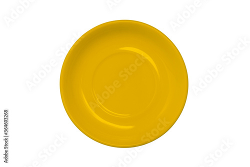 Orange empty plate isolated on a white background. A top view of a flat layout.