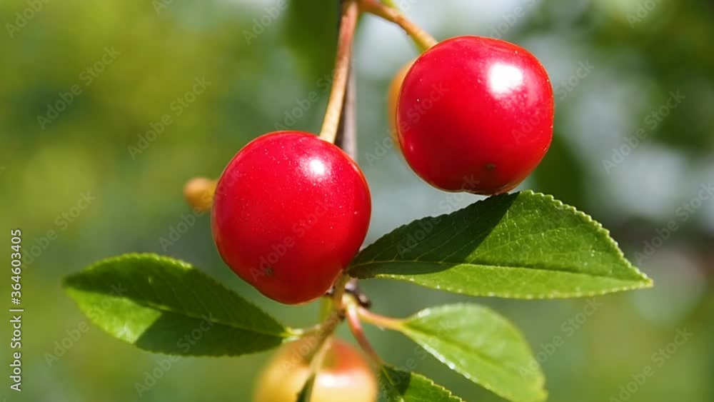 Ripening cherry berries on a branch close. The season of gathering the fruit of the harvest. Ripening cherry berries on a branch close. The season of gathering the fruit of the harvest.