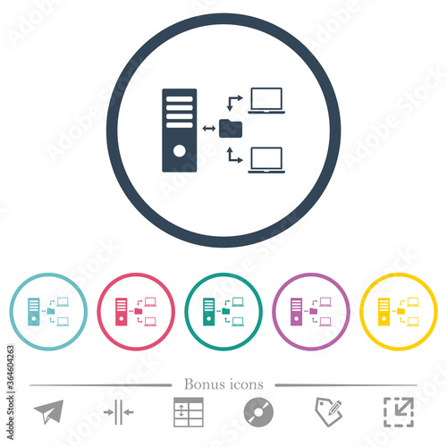 Network file system with server flat color icons in round outlines