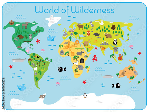 World of Wilderness - map of continents with typical wild fauna. Funny cartoon animals. Children carpet or wall poster. Vector illustration