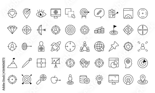 icon set of goal and eye bulls, line style