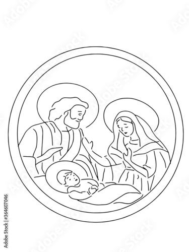 Vector Christian Christmas in a round frame. Mary and Joseph. With Jesus tenderly cling to each other. Love lines.