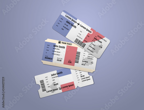 Modern design of France airline, bus and train travel boarding pass. Three tickets of France painted in flag color. Vector illustration isolated