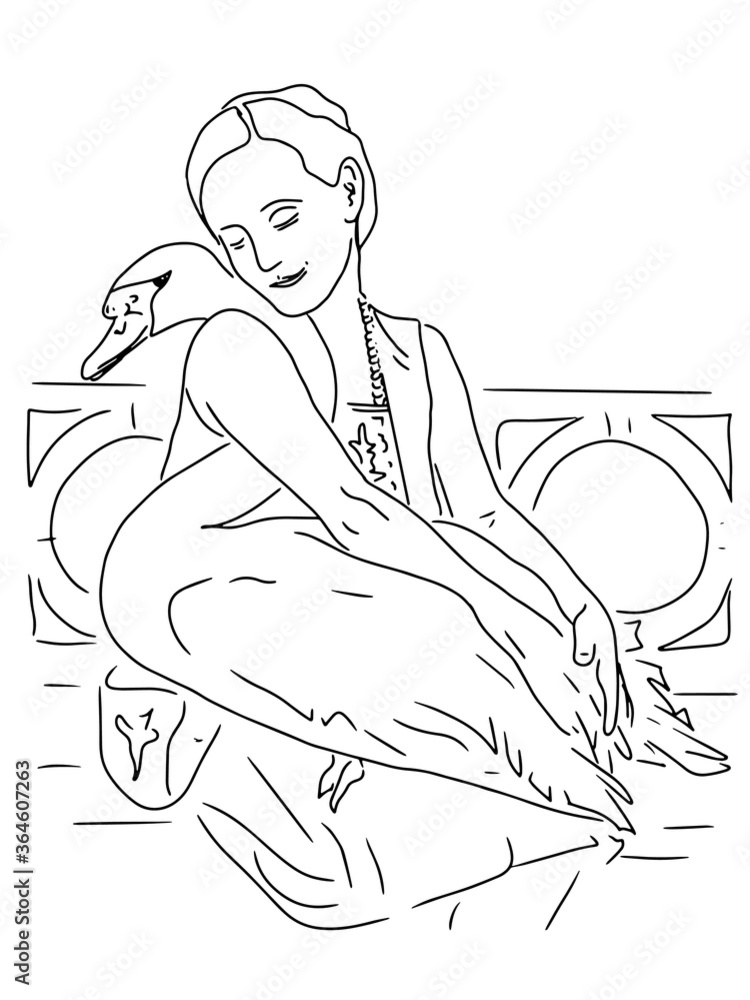 Plakat Vector woman girl holding a swan in her arms while sitting on a park bench while a bird hugs her with her neck as a sign of love and devotion