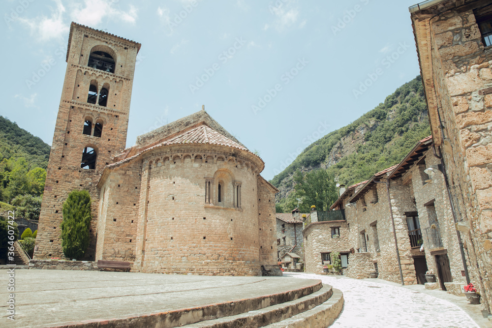 BEGET GIRONA, SPAIN - JULY 2020: Medieval mountain village in the middle of nature. Beget, Girona in Catalonia