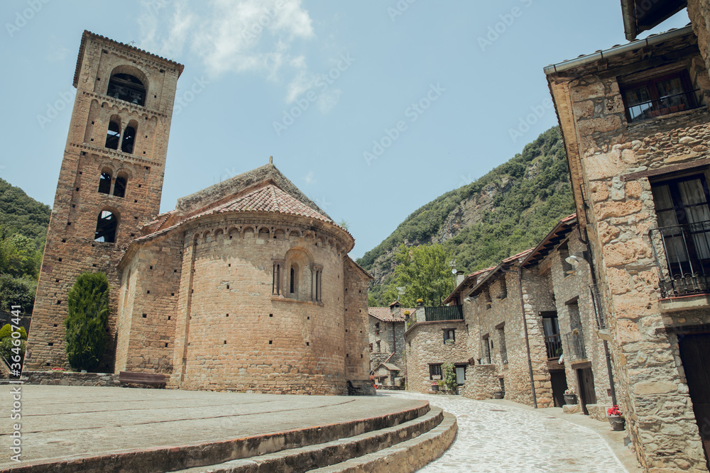 BEGET GIRONA, SPAIN - JULY 2020: Medieval mountain village in the middle of nature. Beget, Girona in Catalonia