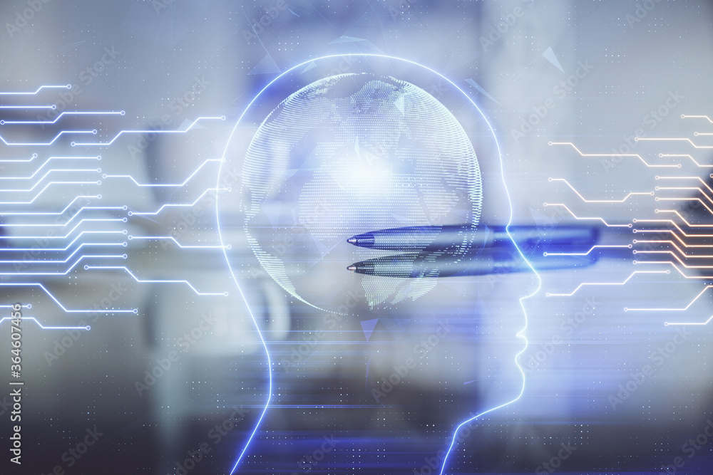 Double exposure of Ai data brain drawing over coffee cup background. Double exposure of Ai data brain drawing over coffee cup background.
