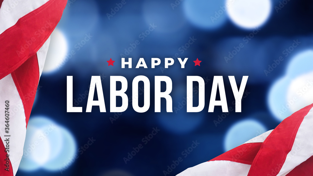 © IrisImages - Happy Labor Day Text Over Defocused Blue Bokeh Lights Background with Patriotic American Flags Border