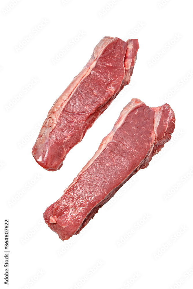 Raw Striploin steak of marbled beef lies on a white background, isolated. Raw Striploin steak of marbled beef lies on a white background, isolated.