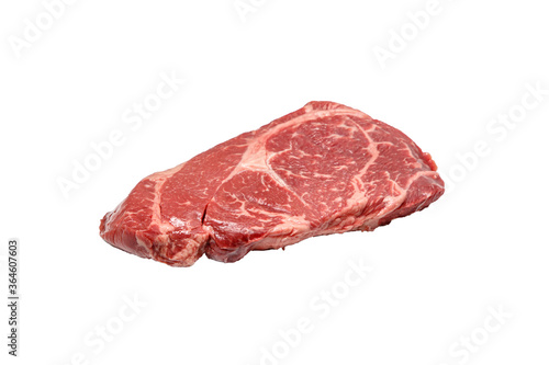Raw Chuck Rol steak of marbled beef lies on a white background, isolated.